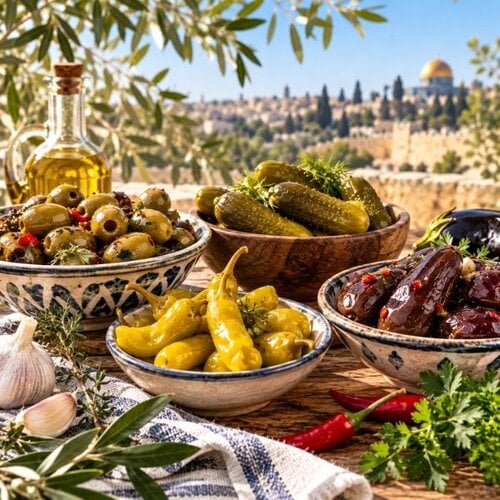Israelische Gurken, Oliven und eingelegtes Gemüse
