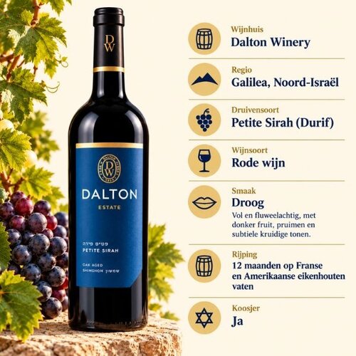 Dalton Dalton Estate Petite Sirah 2021 - Koosjere droge rode wijn uit Israël met donker fruit, kruidige tonen en 12 maanden houtrijping - 750 ml Dalton Dalton Estate Petite Sirah 2021 - Koosjere droge rode wijn uit Israël met donker fruit, kruidige tonen en 12 maanden houtrijping - 750 ml