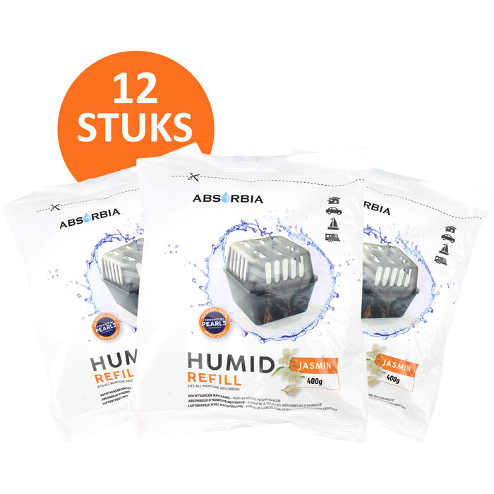 Absorbia Vochtvanger Navulling 400 gram – XXL Voordeelpakket - 12 Stuks - Jasmijn