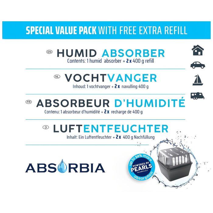 Absorbia Vochtvanger Starterset 400 gram – Voordeelpakket met 13 Navullingen - Original