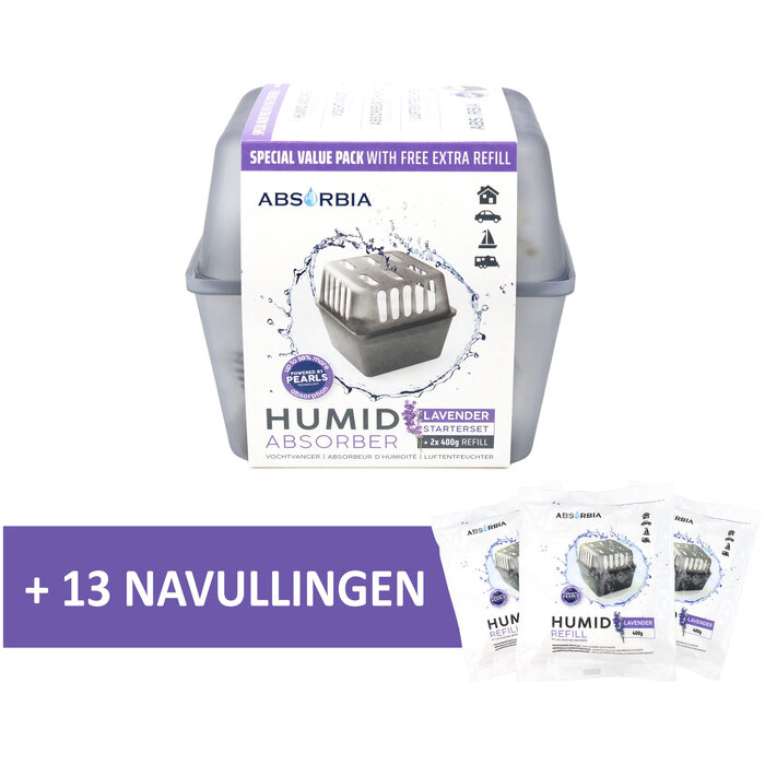 Absorbia Vochtvanger Starterset 400 gram – Voordeelpakket met 13 Navullingen - Lavendel