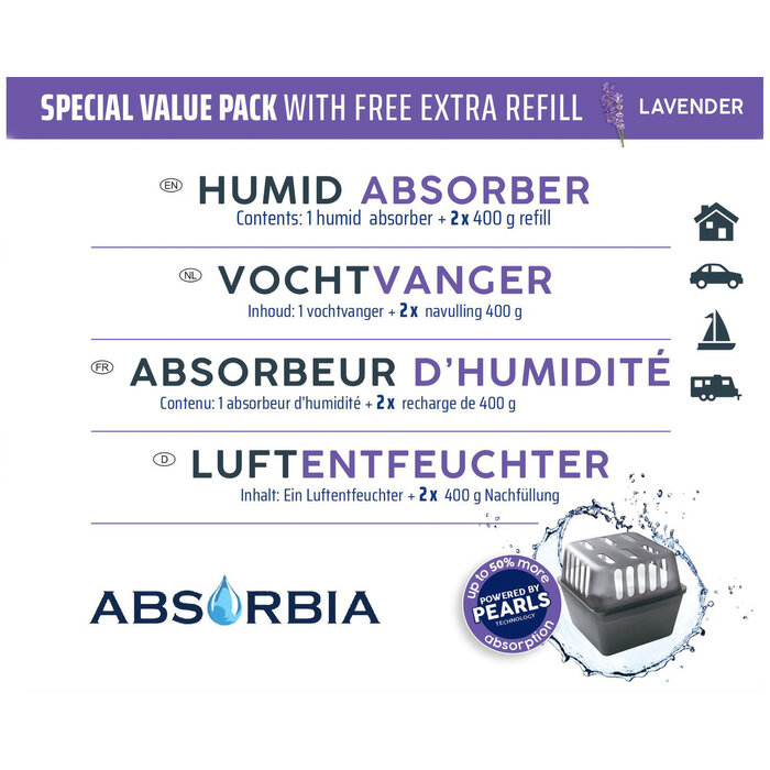 Absorbia Vochtvanger Starterset 400 gram – Voordeelpakket met 13 Navullingen - Lavendel