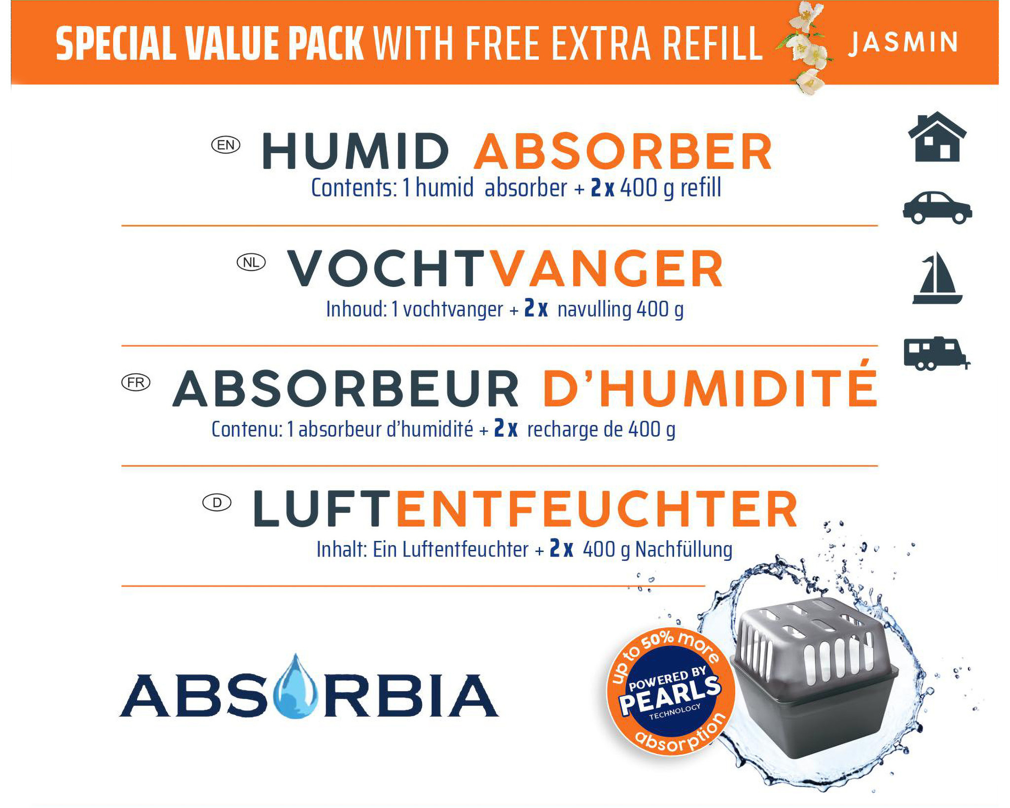 Absorbia Vochtvanger 400 gram + 1 Gratis Navulling - Jasmijn
