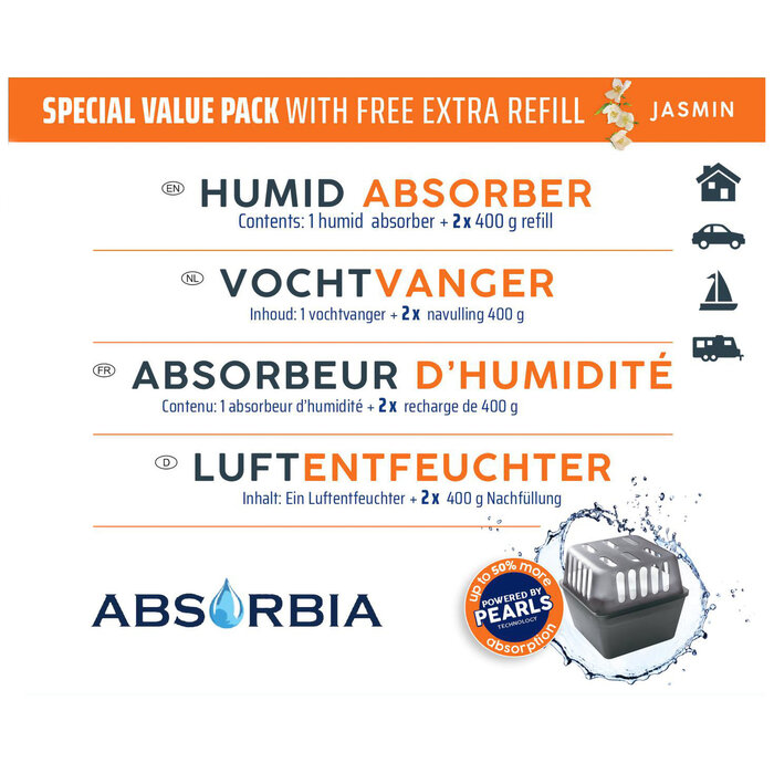 Absorbia Vochtvanger Starterset 400 gram – Voordeelpakket met 13 Navullingen - Jasmijn