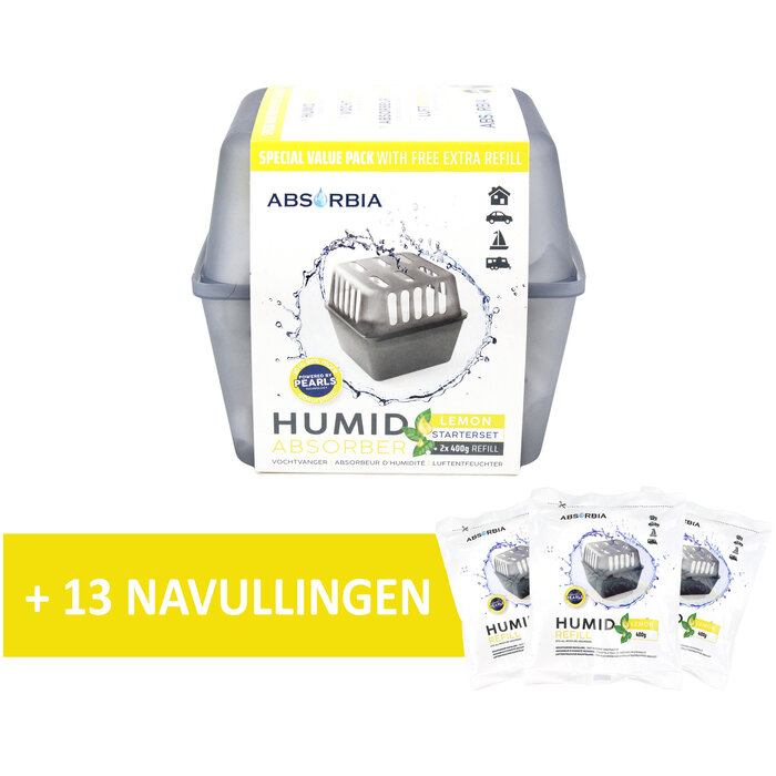 Absorbia Vochtvanger Starterset 400 gram – Voordeelpakket met 13 Navullingen - Lemon