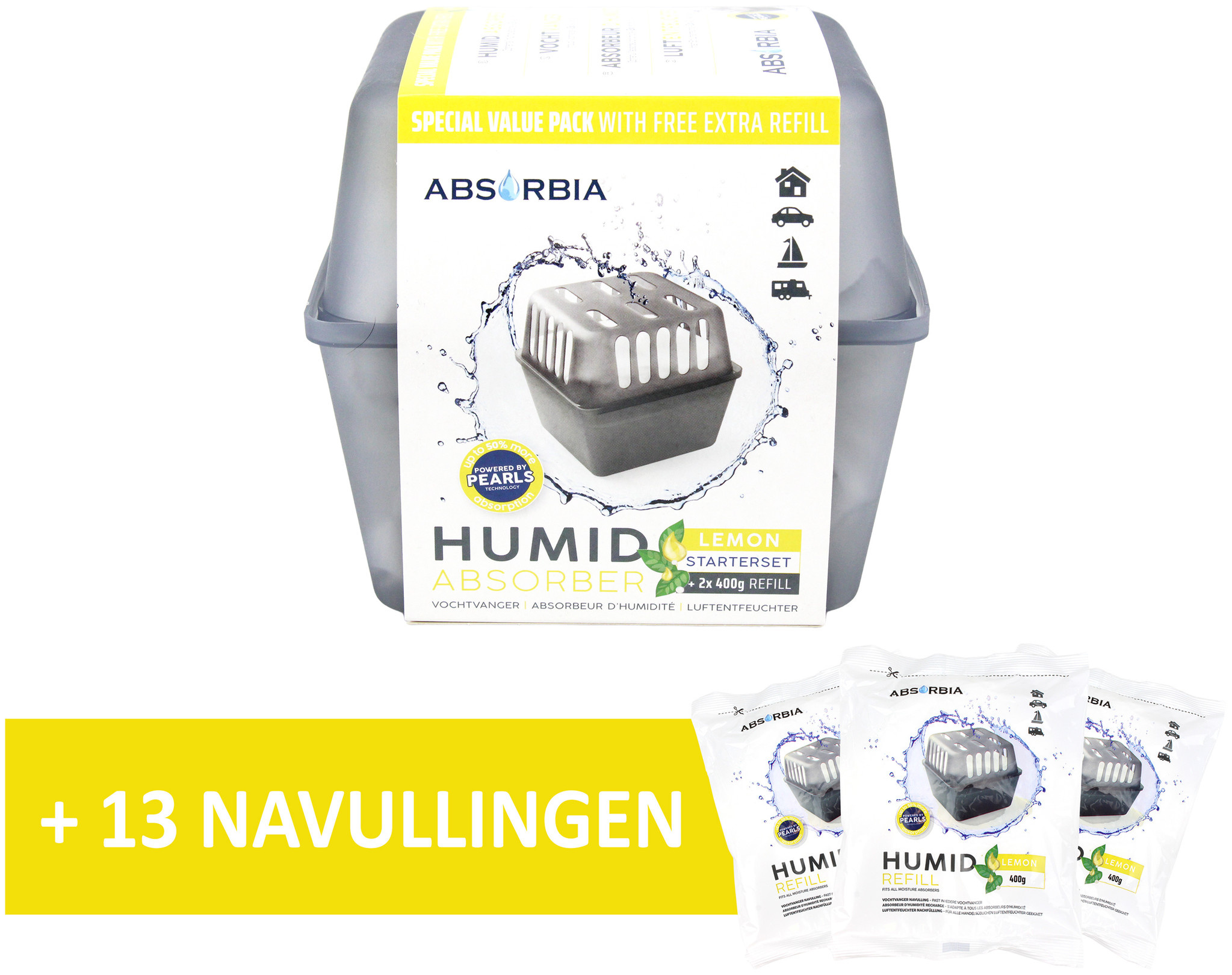Absorbia Vochtvanger Starterset 400 gram – Voordeelpakket met 13 Navullingen - Lemon