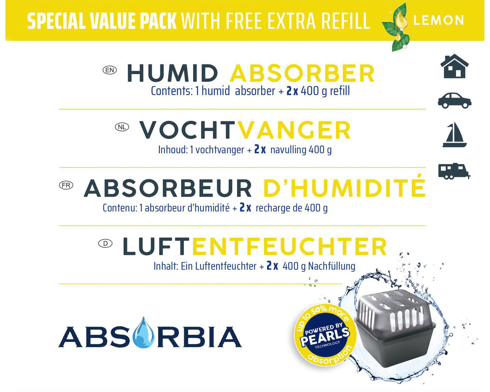 Absorbia Vochtvanger Starterset 400 gram – Voordeelpakket met 13 Navullingen - Lemon