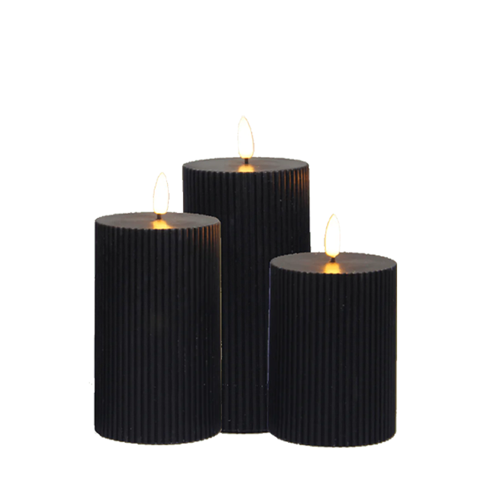 LED Stompkaarsen Ribbel Zwart - set van 3