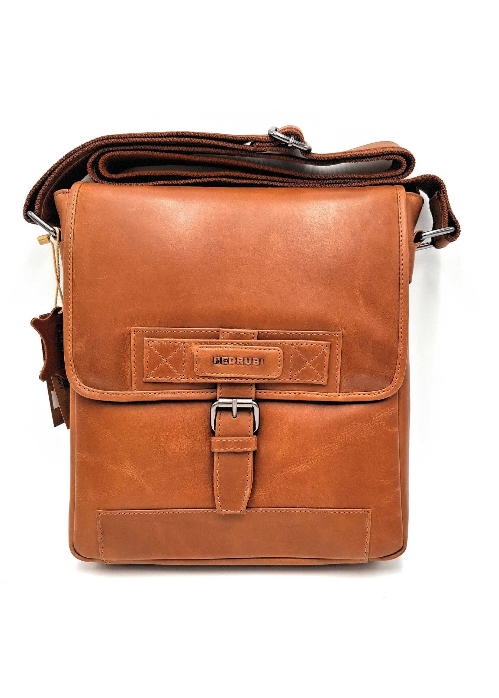 REDRUBI REDRUBI -UM/6/1185 -Met RFID protected  echt leren - schoudertas –crossbodytas- stevig - vintage leder- bruin /cognac