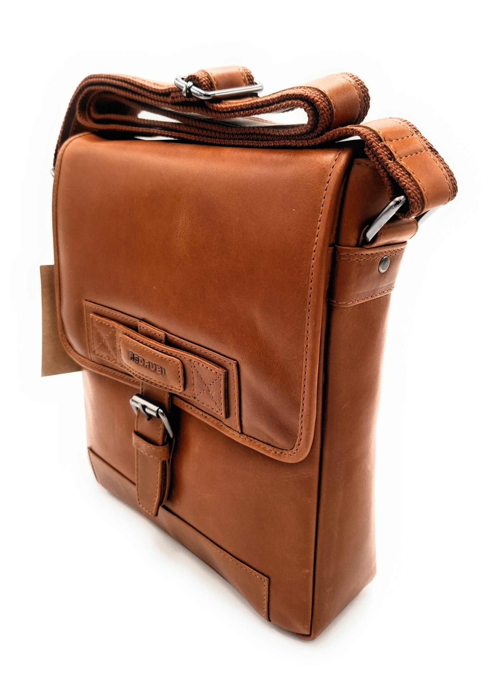 REDRUBI REDRUBI -UM/6/1185 -Met RFID protected  echt leren - schoudertas –crossbodytas- stevig - vintage leder- bruin /cognac