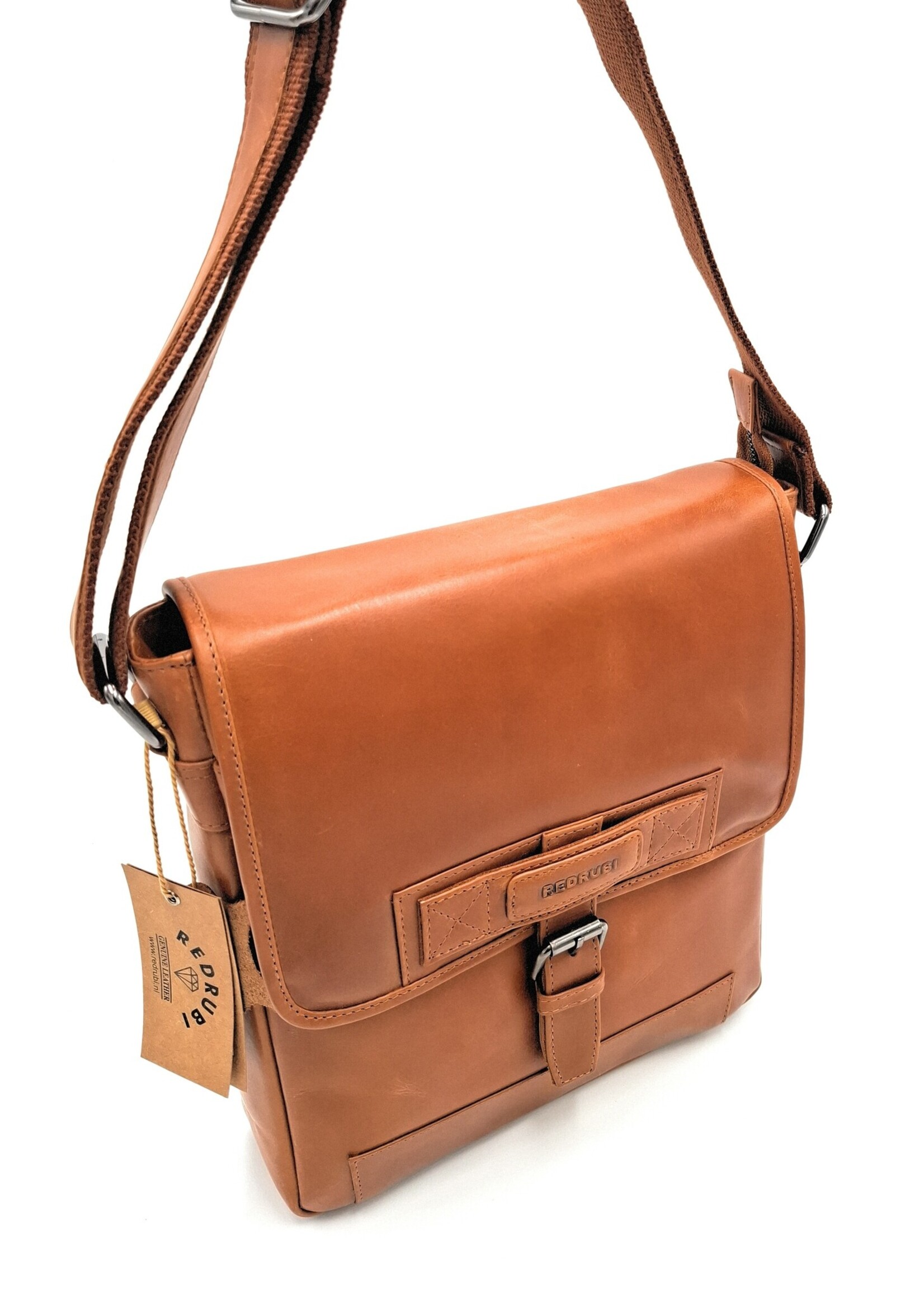 REDRUBI REDRUBI -UM/6/1185 -Met RFID protected  echt leren - schoudertas –crossbodytas- stevig - vintage leder- bruin /cognac