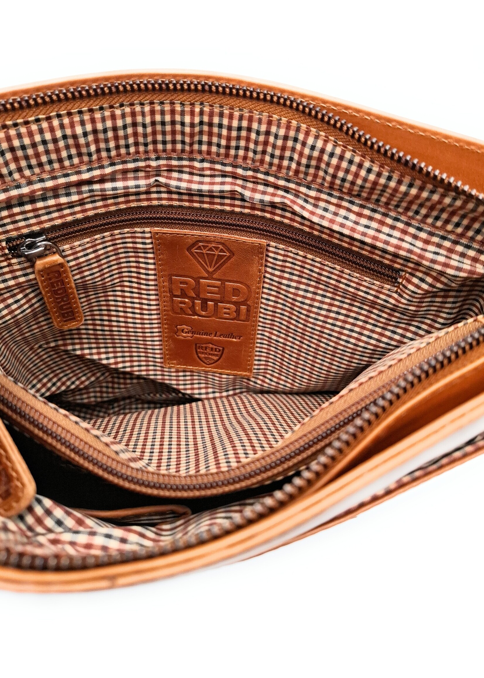 REDRUBI REDRUBI -UM/6/1185 -Met RFID protected  echt leren - schoudertas –crossbodytas- stevig - vintage leder- bruin /cognac