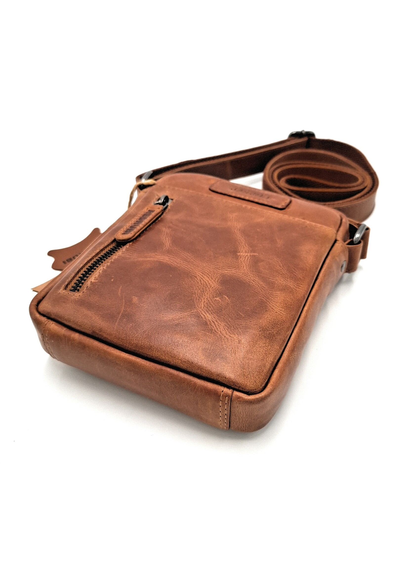 REDRUBI REDRUBI - UM/6/1161 - Met RFID protected - echt leren - schoudertas – crossbodytas- stevig - vintage leder- bruin /cognac