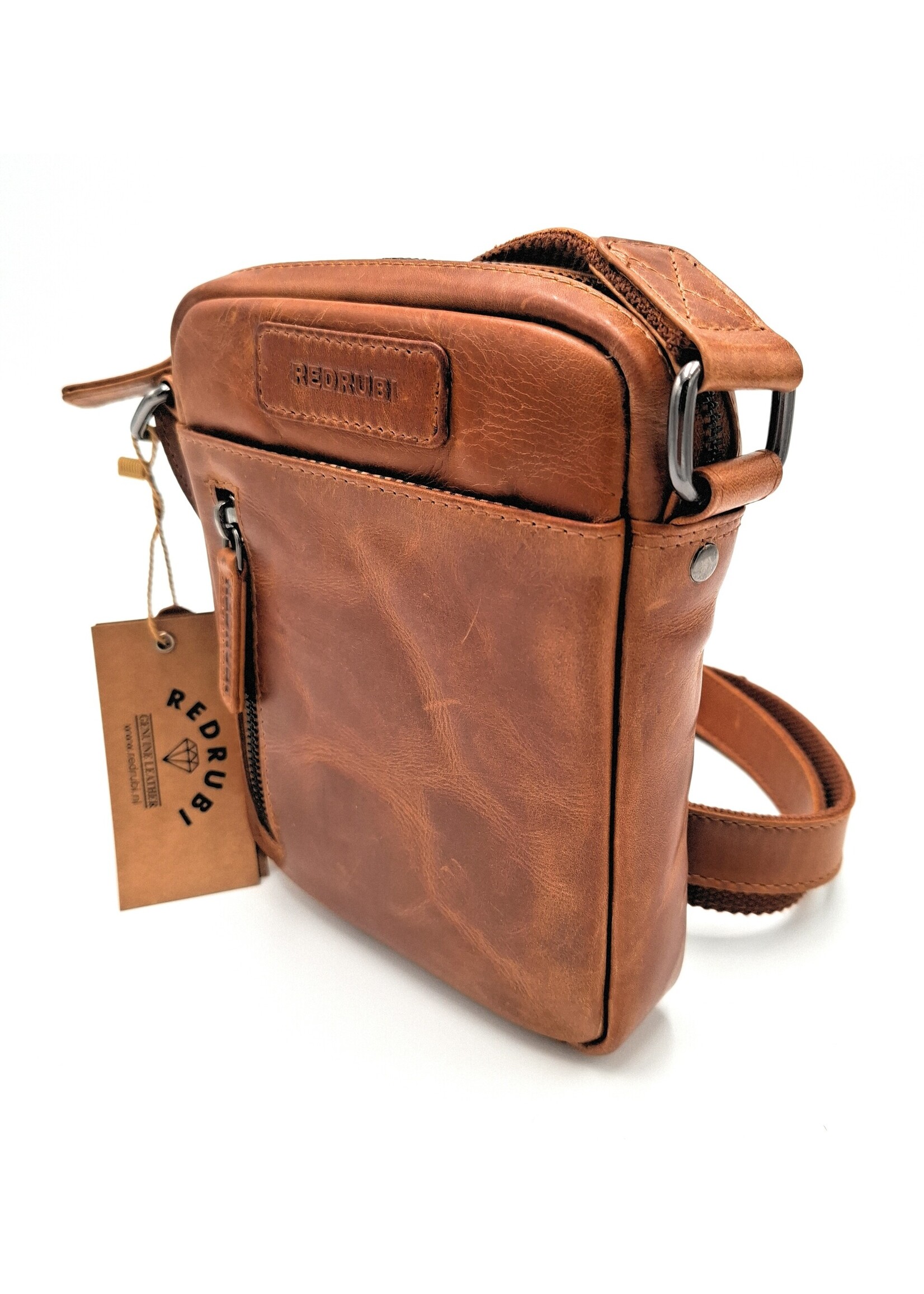 REDRUBI REDRUBI - UM/6/1161 - Met RFID protected - echt leren - schoudertas – crossbodytas- stevig - vintage leder- bruin /cognac