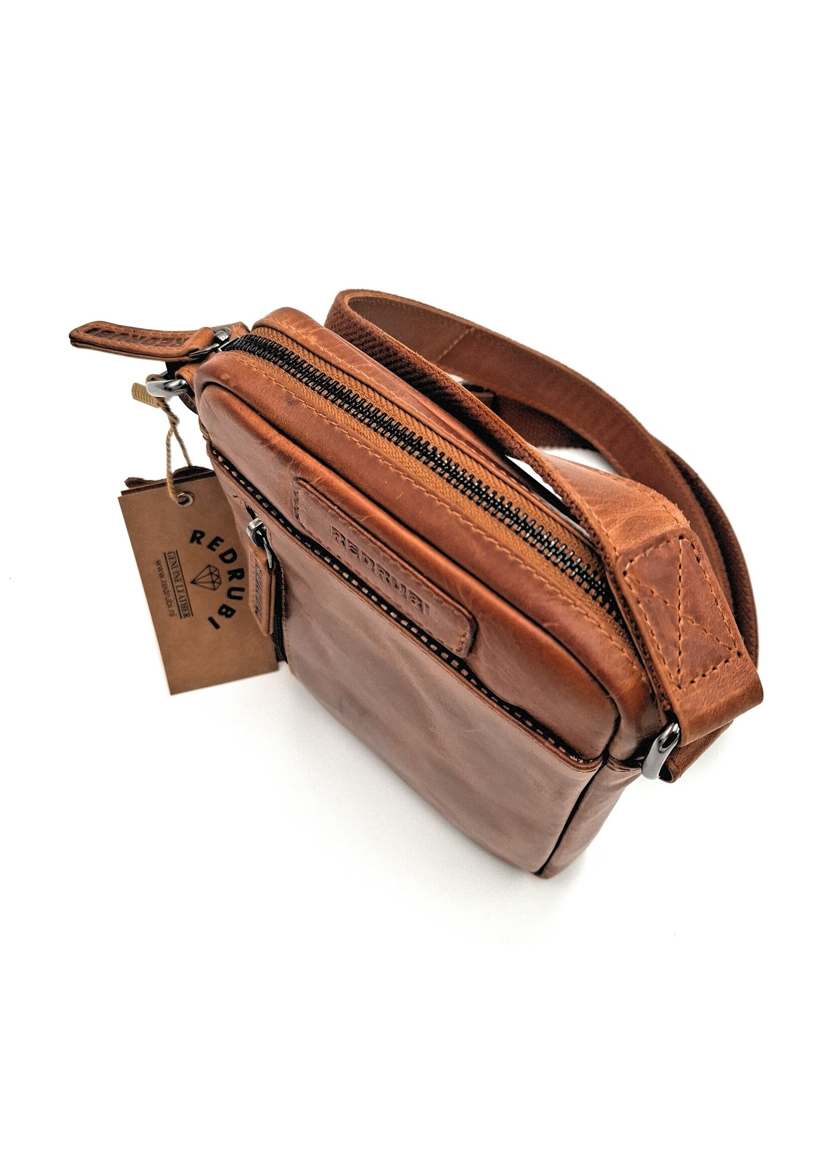 REDRUBI REDRUBI - UM/6/1161 - Met RFID protected - echt leren - schoudertas – crossbodytas- stevig - vintage leder- bruin /cognac