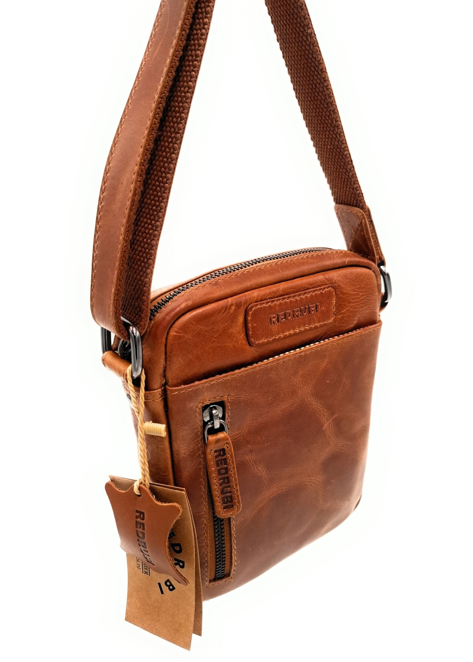 REDRUBI REDRUBI - UM/6/1161 - Met RFID protected - echt leren - schoudertas – crossbodytas- stevig - vintage leder- bruin /cognac