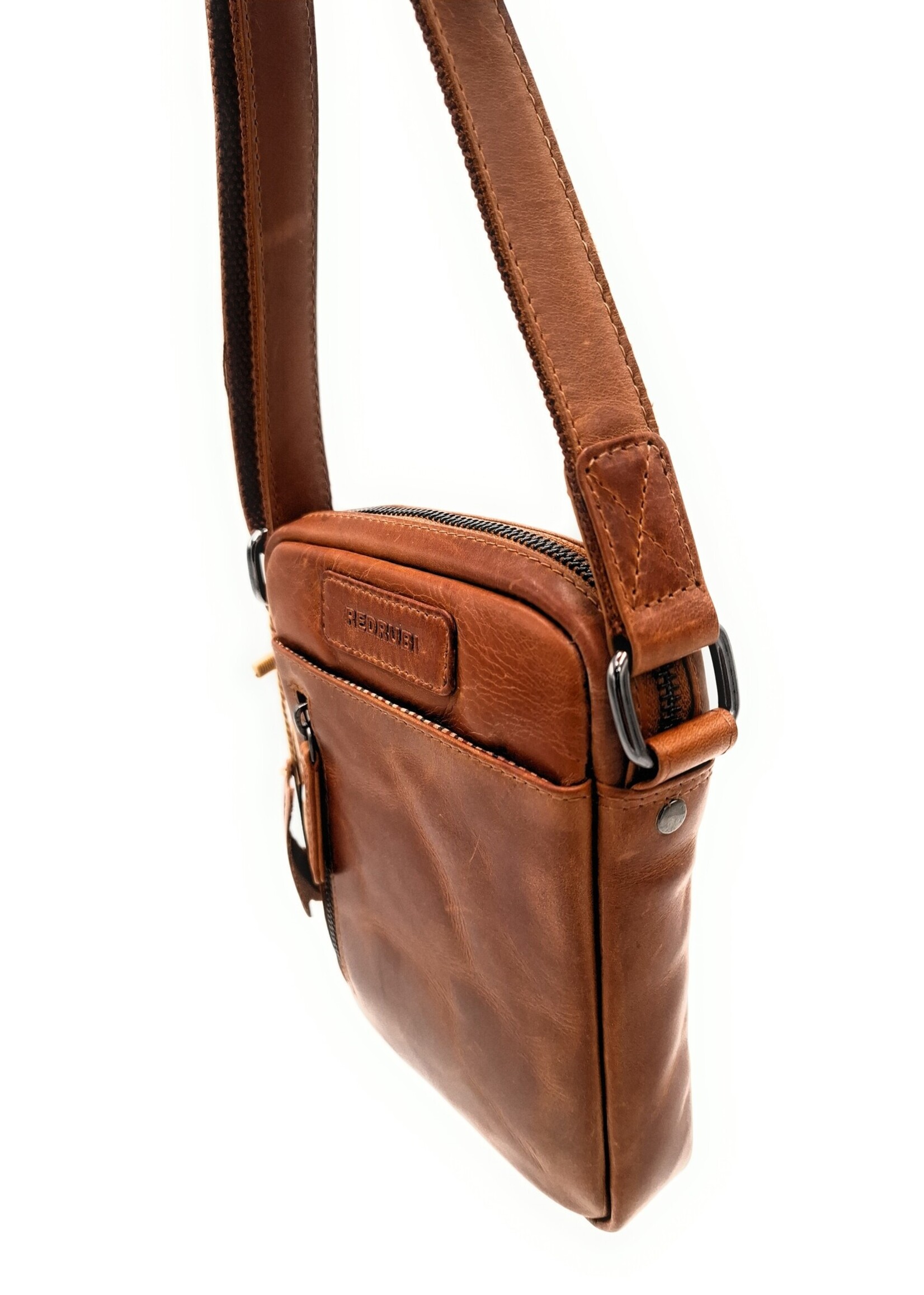 REDRUBI REDRUBI - UM/6/1161 - Met RFID protected - echt leren - schoudertas – crossbodytas- stevig - vintage leder- bruin /cognac