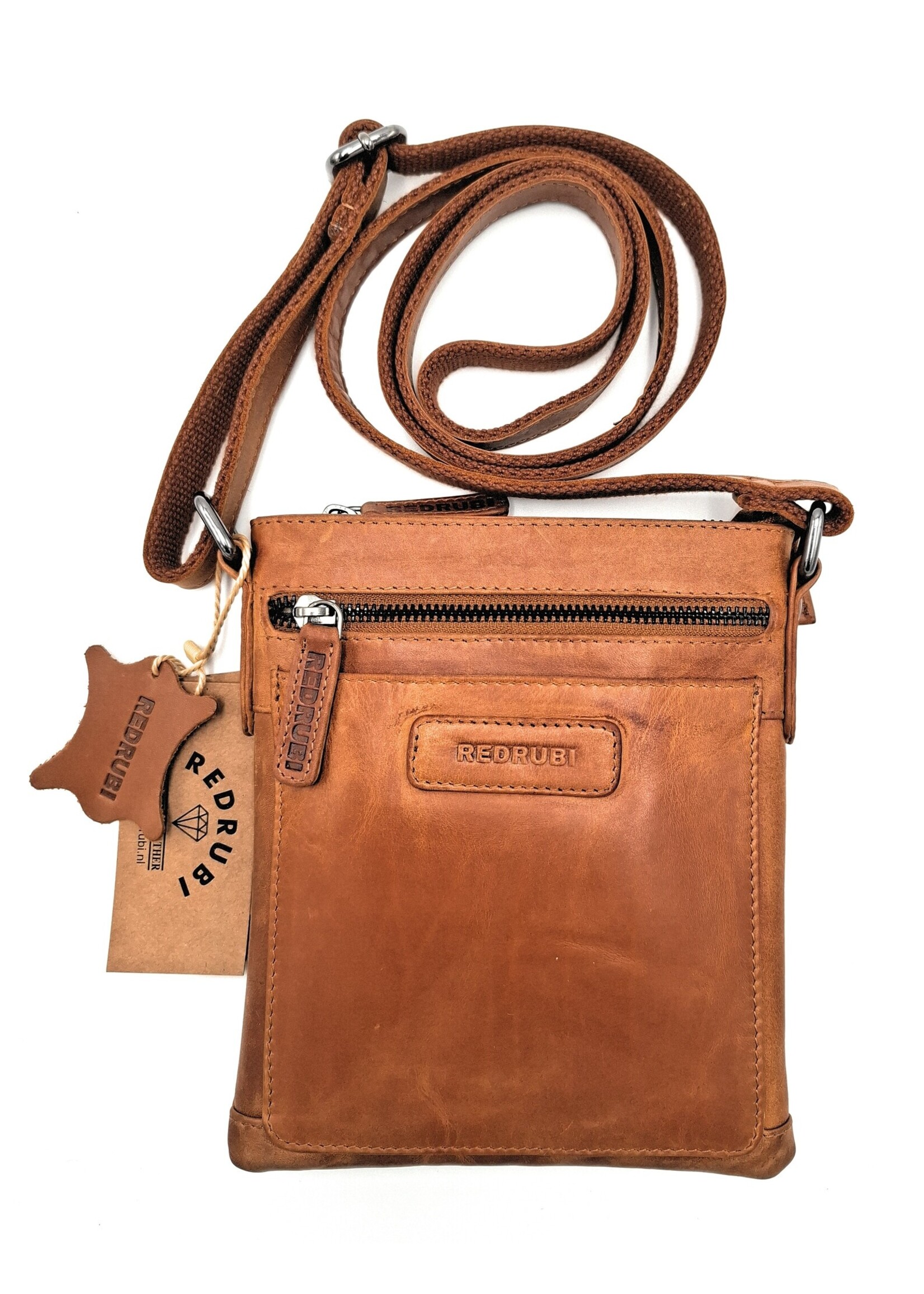 REDRUBI REDRUBI - UM/6/1188 - Met RFID protected -echt leren - schoudertas – crossbodytas- stevig - vintage leder- bruin /cognac