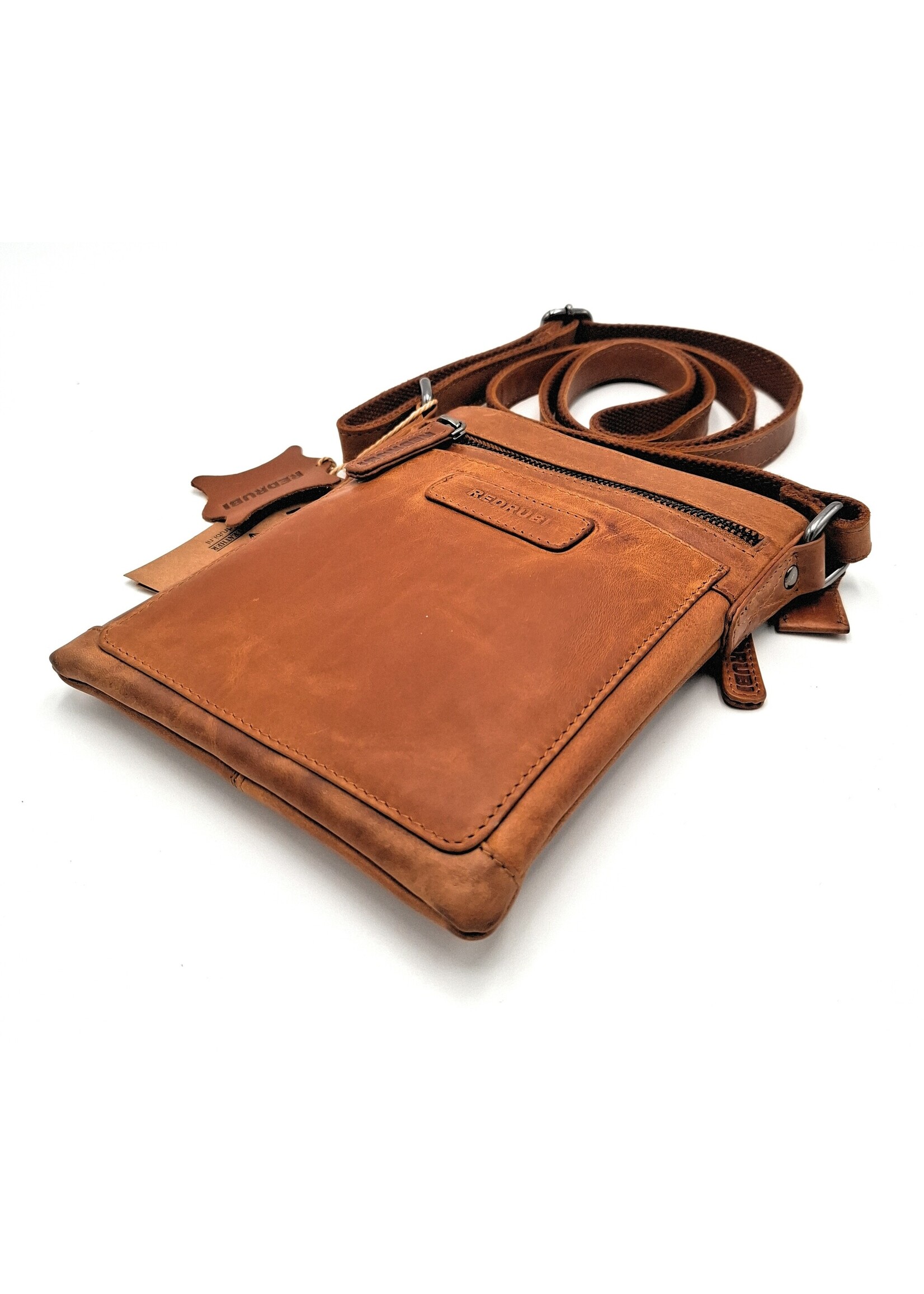 REDRUBI REDRUBI - UM/6/1188 - Met RFID protected -echt leren - schoudertas – crossbodytas- stevig - vintage leder- bruin /cognac