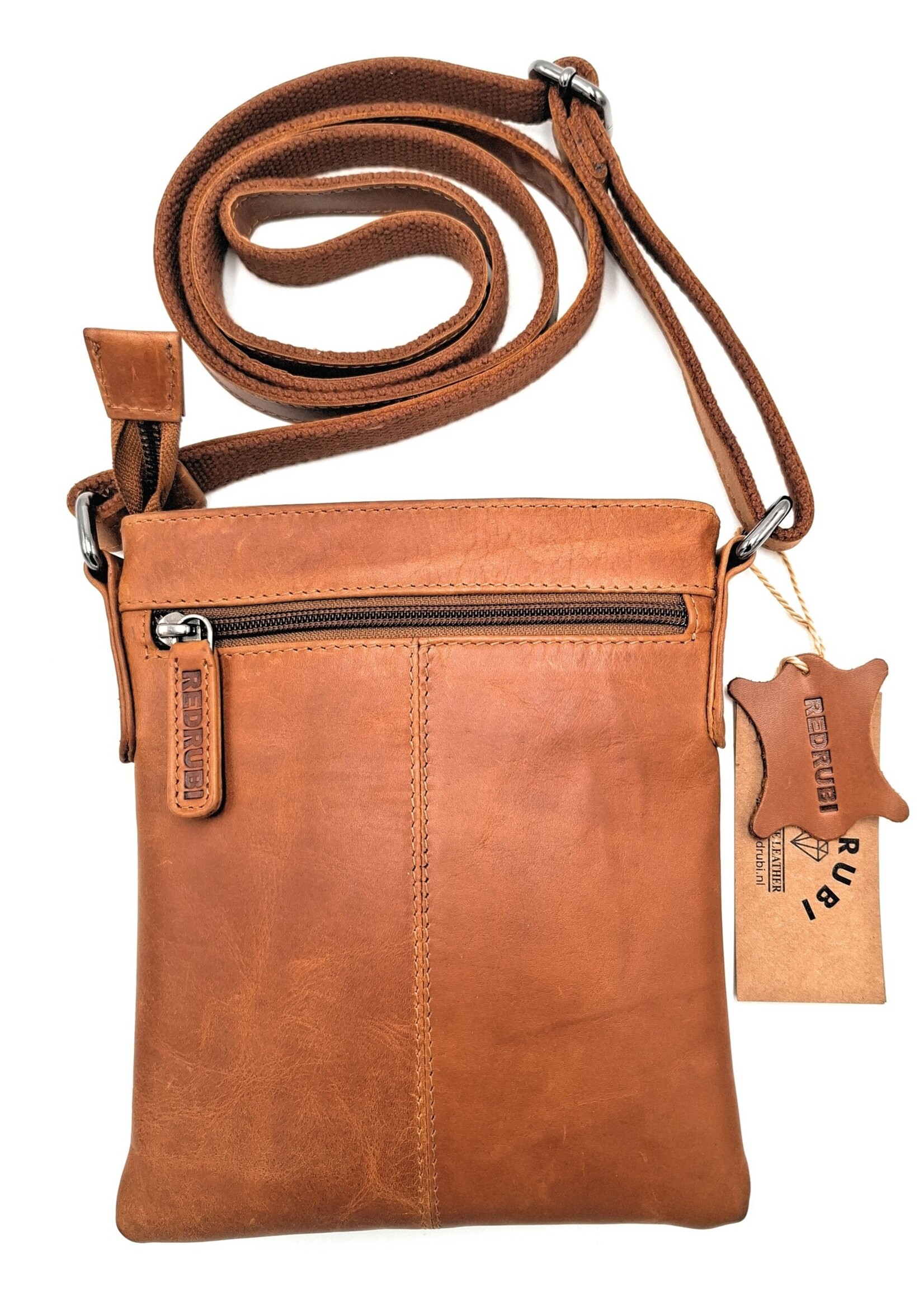 REDRUBI REDRUBI - UM/6/1188 - Met RFID protected -echt leren - schoudertas – crossbodytas- stevig - vintage leder- bruin /cognac