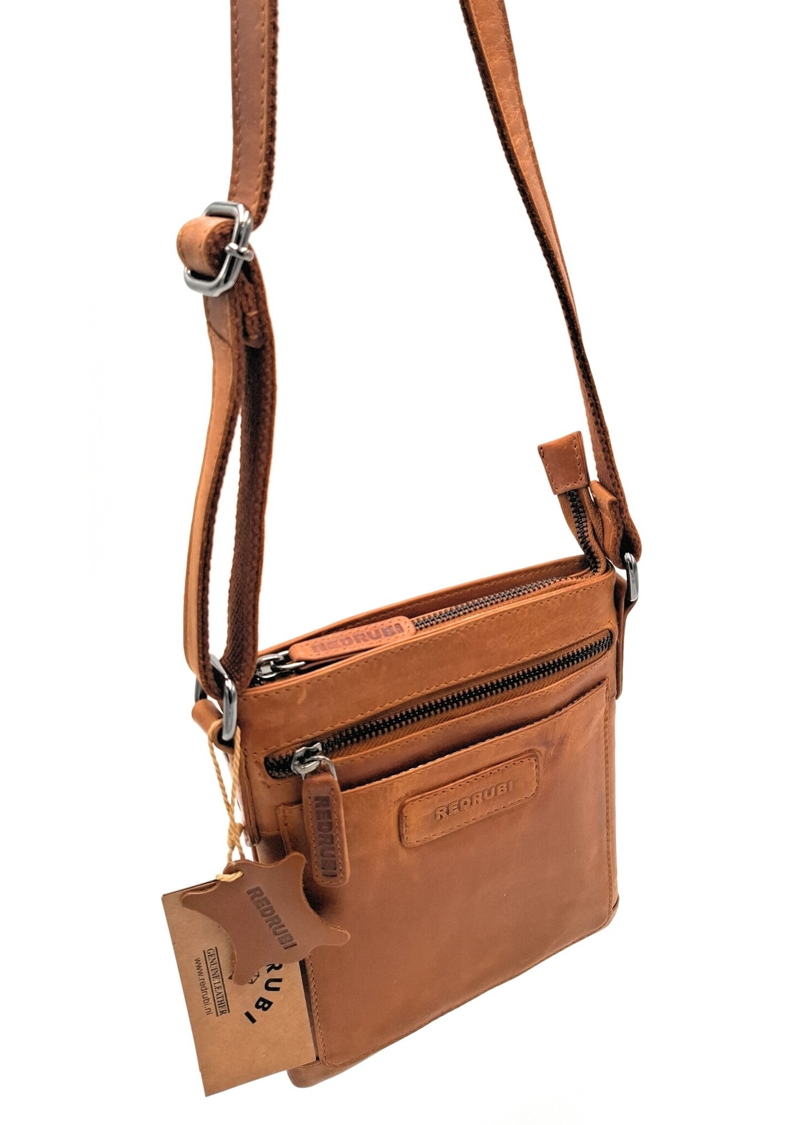 REDRUBI REDRUBI - UM/6/1188 - Met RFID protected -echt leren - schoudertas – crossbodytas- stevig - vintage leder- bruin /cognac