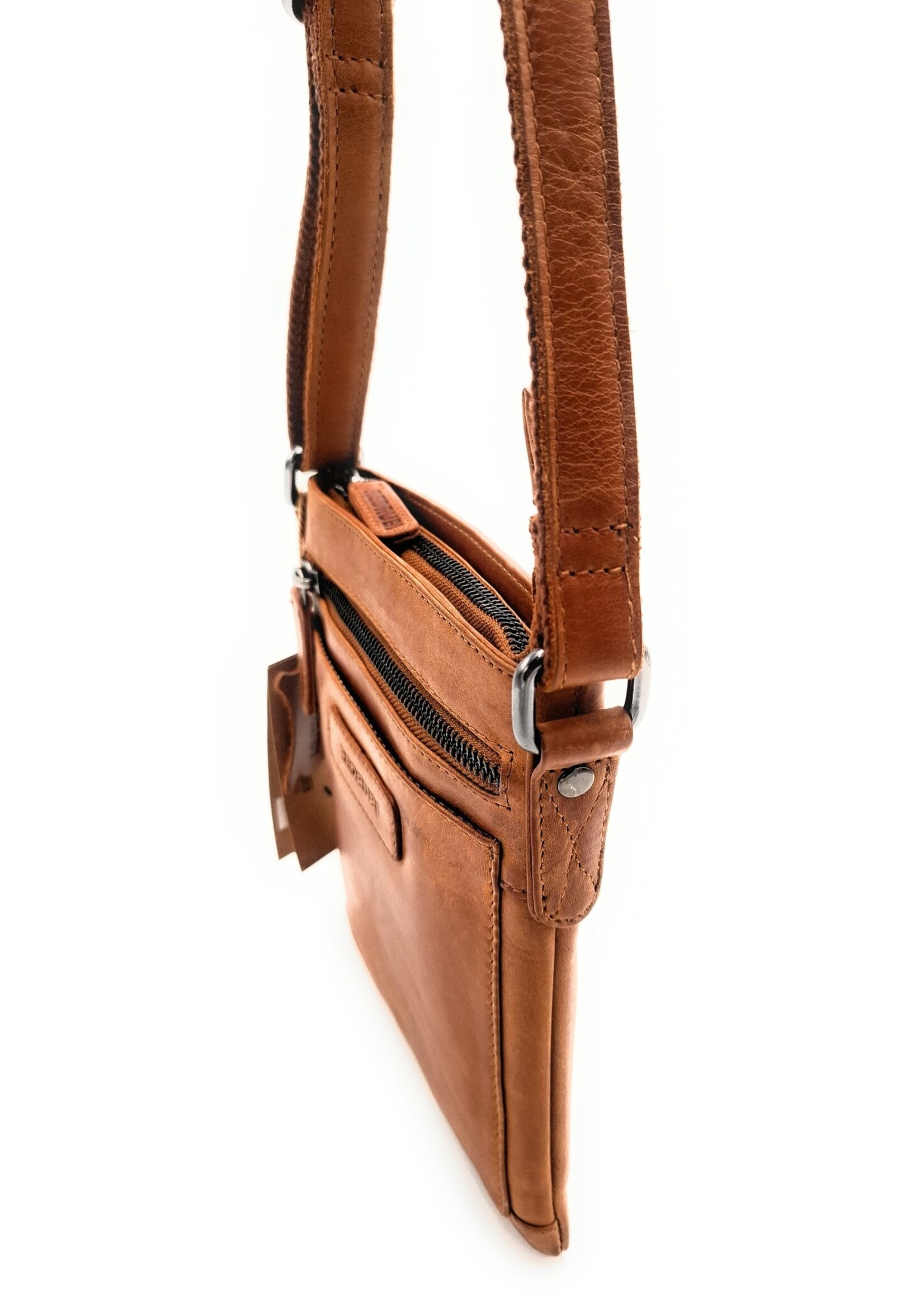 REDRUBI REDRUBI - UM/6/1188 - Met RFID protected -echt leren - schoudertas – crossbodytas- stevig - vintage leder- bruin /cognac