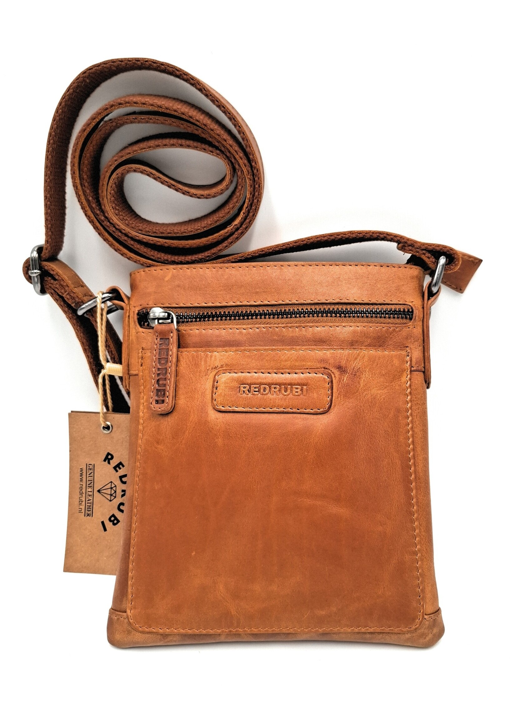 REDRUBI REDRUBI - UM/6/1188 - Met RFID protected -echt leren - schoudertas – crossbodytas- stevig - vintage leder- bruin /cognac