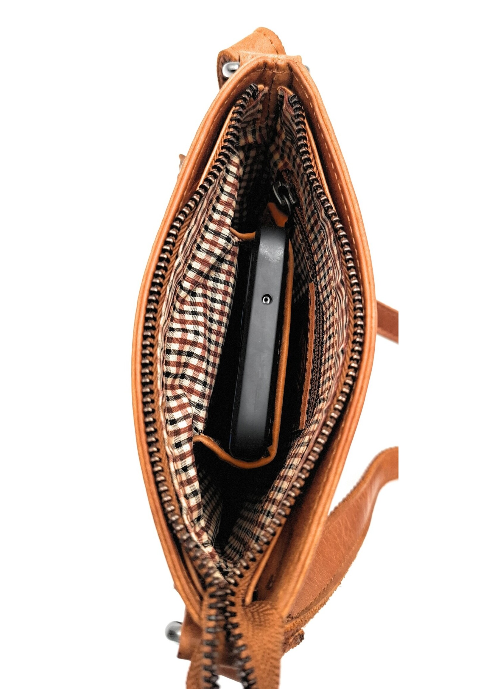 REDRUBI REDRUBI - UM/6/1188 - Met RFID protected -echt leren - schoudertas – crossbodytas- stevig - vintage leder- bruin /cognac