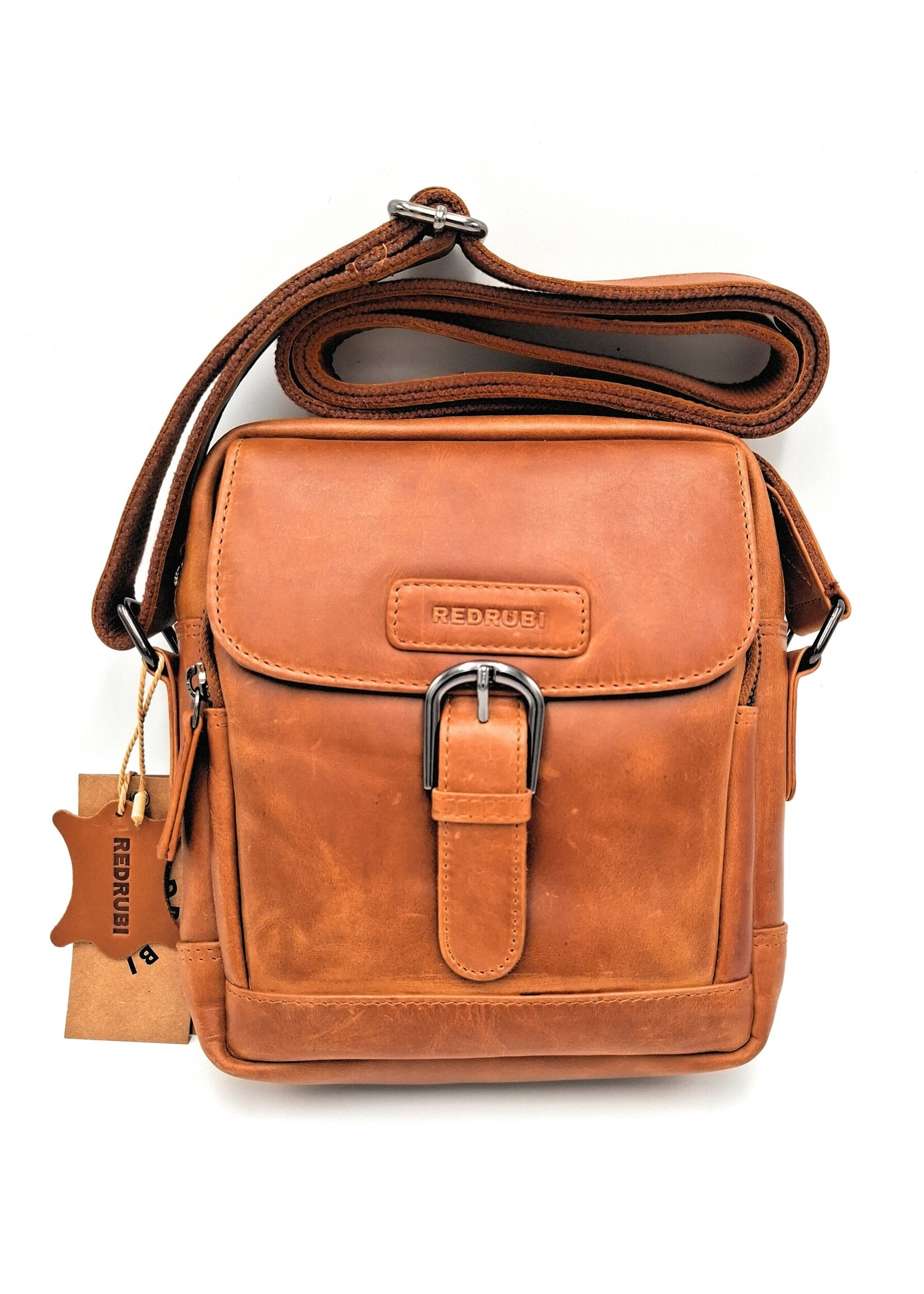 REDRUBI REDRUBI – UM /6/ 1186 - Met RFID protected  echt leren - schoudertas – crossbodytas- stevig - vintage leder- bruin /cognac