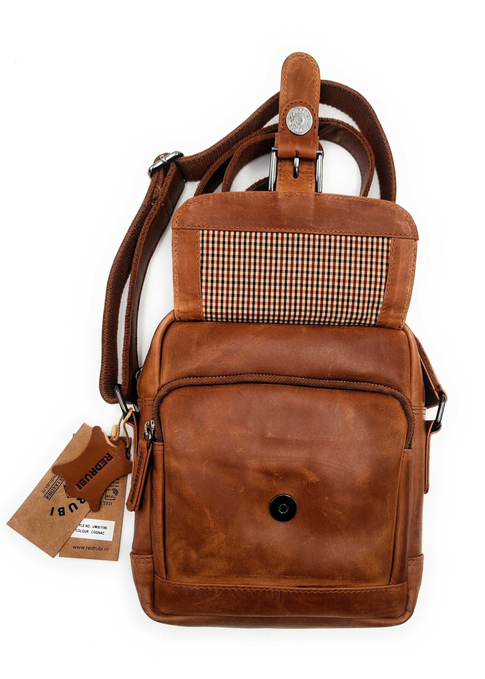 REDRUBI REDRUBI – UM /6/ 1186 - Met RFID protected  echt leren - schoudertas – crossbodytas- stevig - vintage leder- bruin /cognac