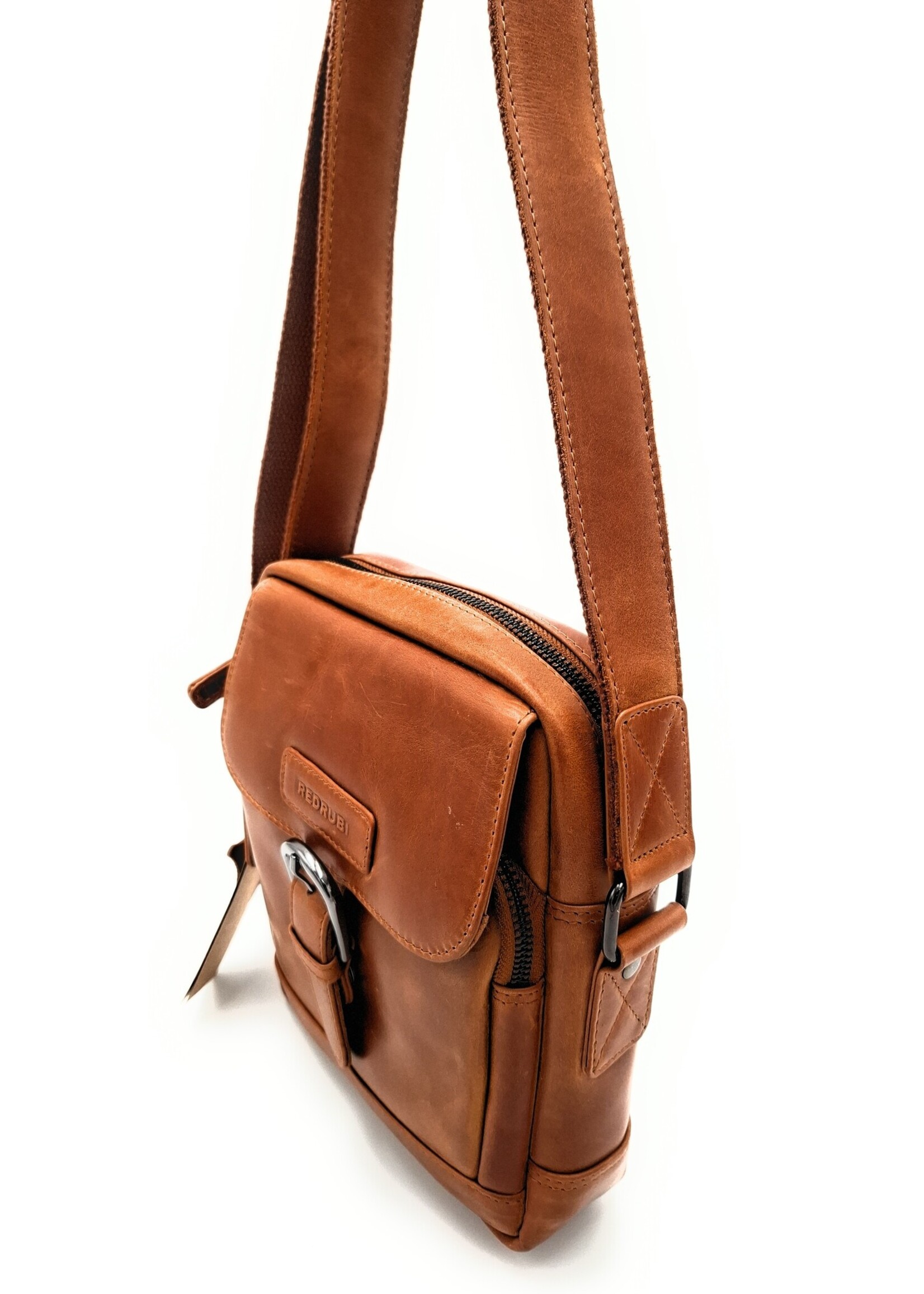 REDRUBI REDRUBI – UM /6/ 1186 - Met RFID protected  echt leren - schoudertas – crossbodytas- stevig - vintage leder- bruin /cognac