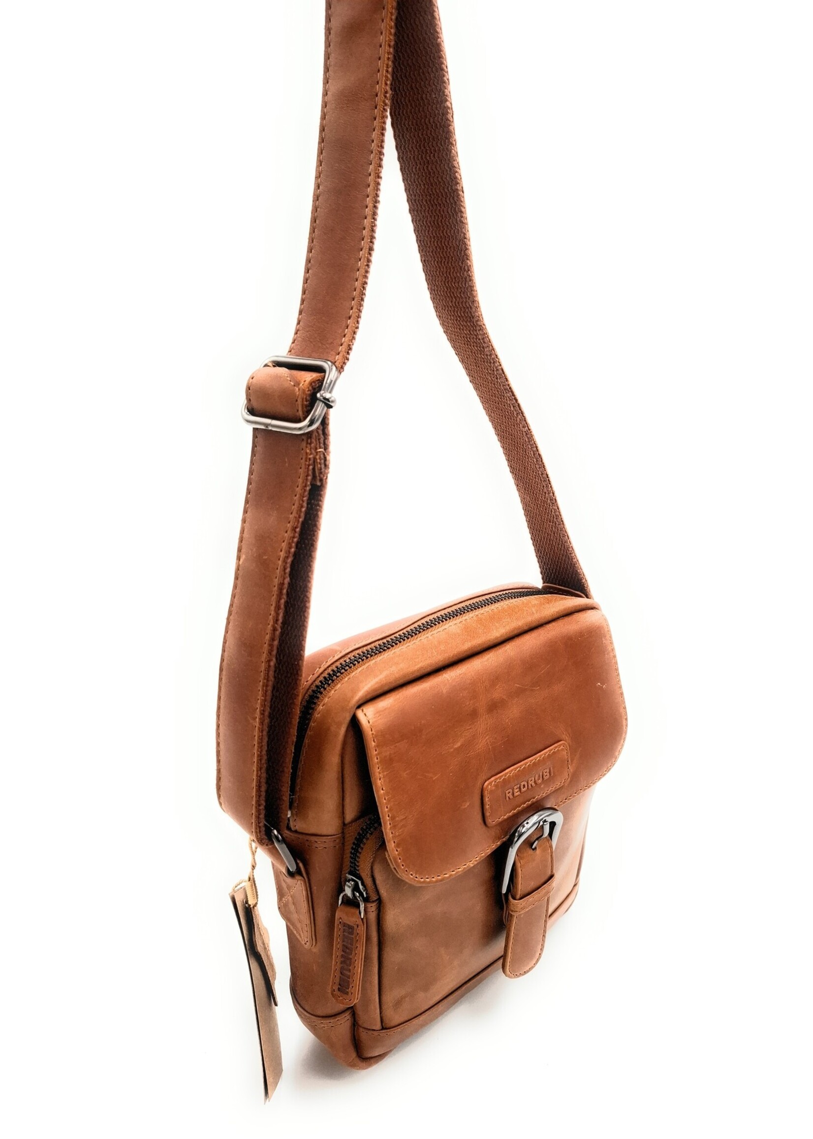 REDRUBI REDRUBI – UM /6/ 1186 - Met RFID protected  echt leren - schoudertas – crossbodytas- stevig - vintage leder- bruin /cognac