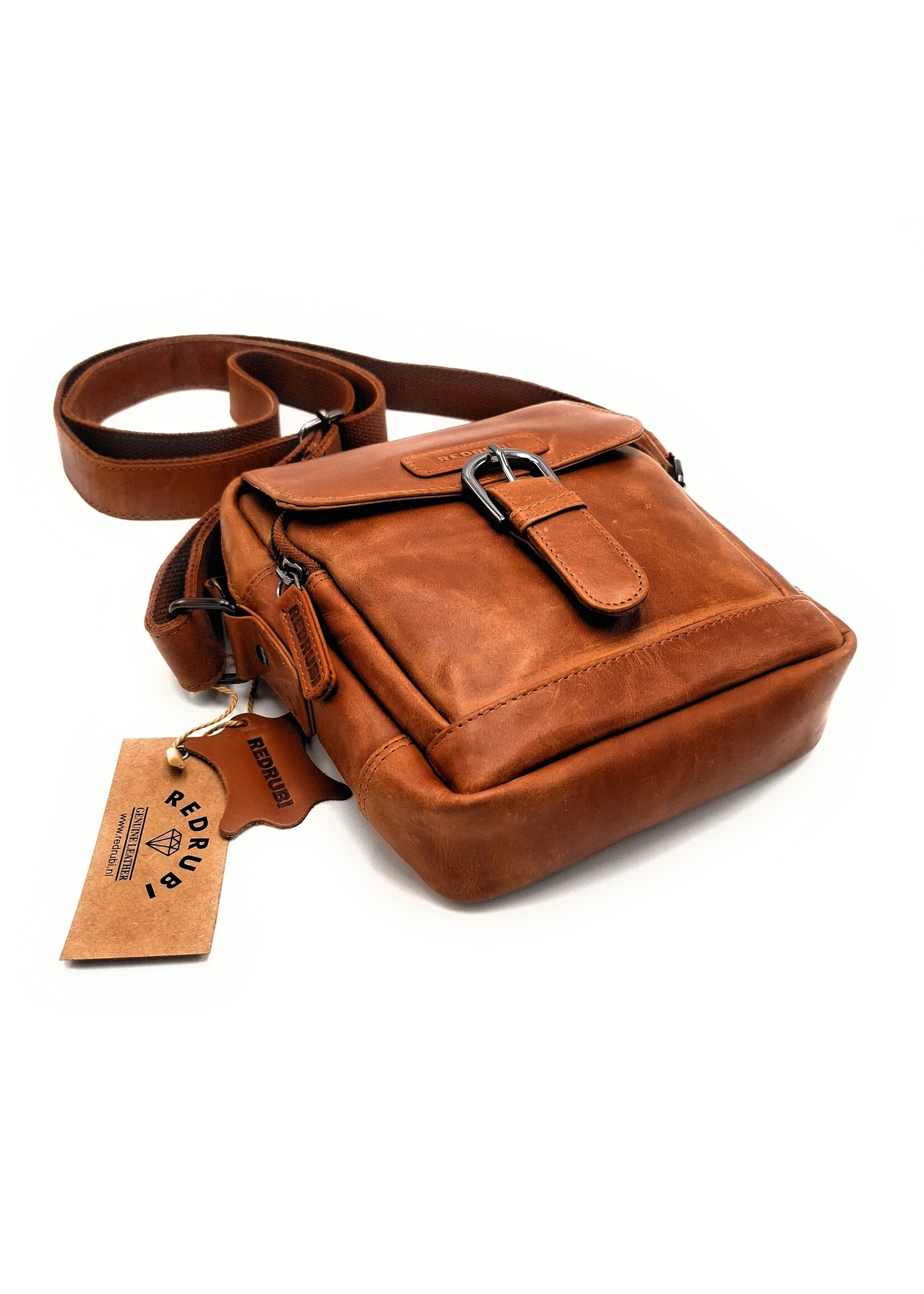 REDRUBI REDRUBI – UM /6/ 1186 - Met RFID protected  echt leren - schoudertas – crossbodytas- stevig - vintage leder- bruin /cognac