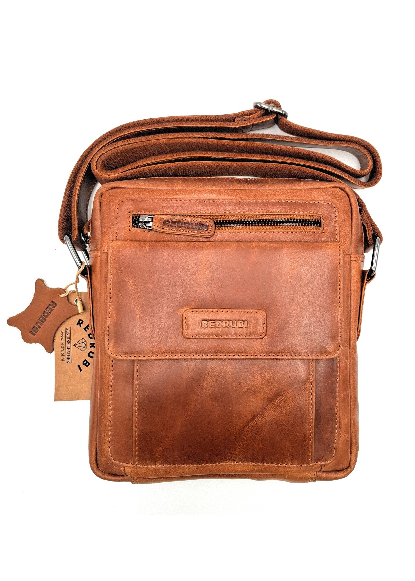REDRUBI REDRUBI -UM/6/1187 -Met RFID protected - echt leren - schoudertas – crossbodytas- stevig - vintage leder- bruin /cognac