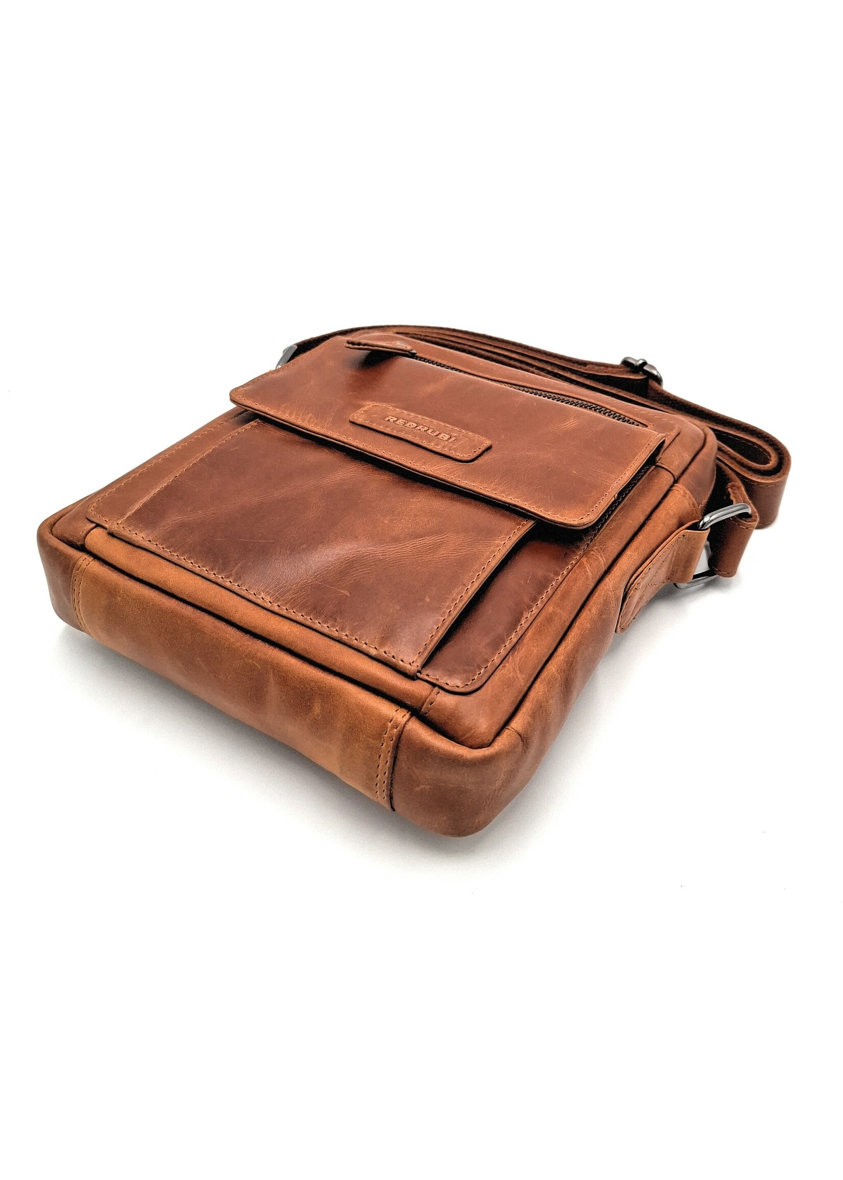 REDRUBI REDRUBI -UM/6/1187 -Met RFID protected - echt leren - schoudertas – crossbodytas- stevig - vintage leder- bruin /cognac