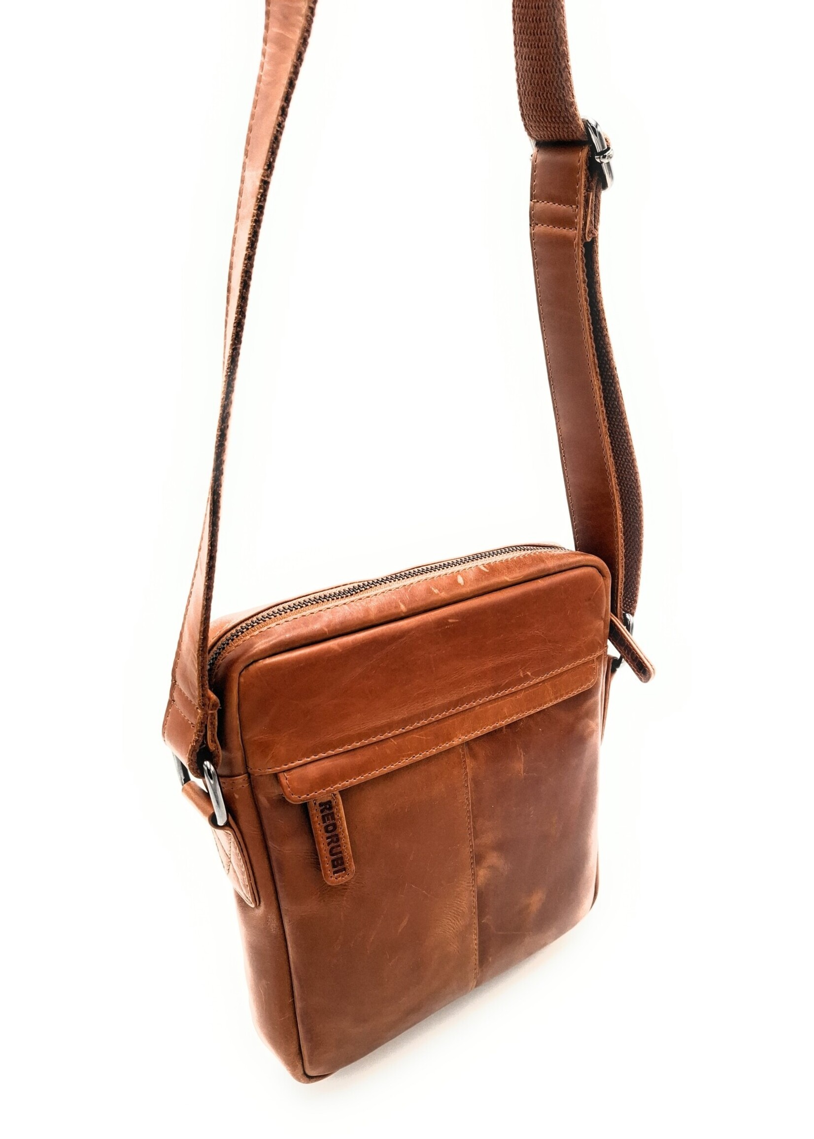 REDRUBI REDRUBI -UM/6/1187 -Met RFID protected - echt leren - schoudertas – crossbodytas- stevig - vintage leder- bruin /cognac