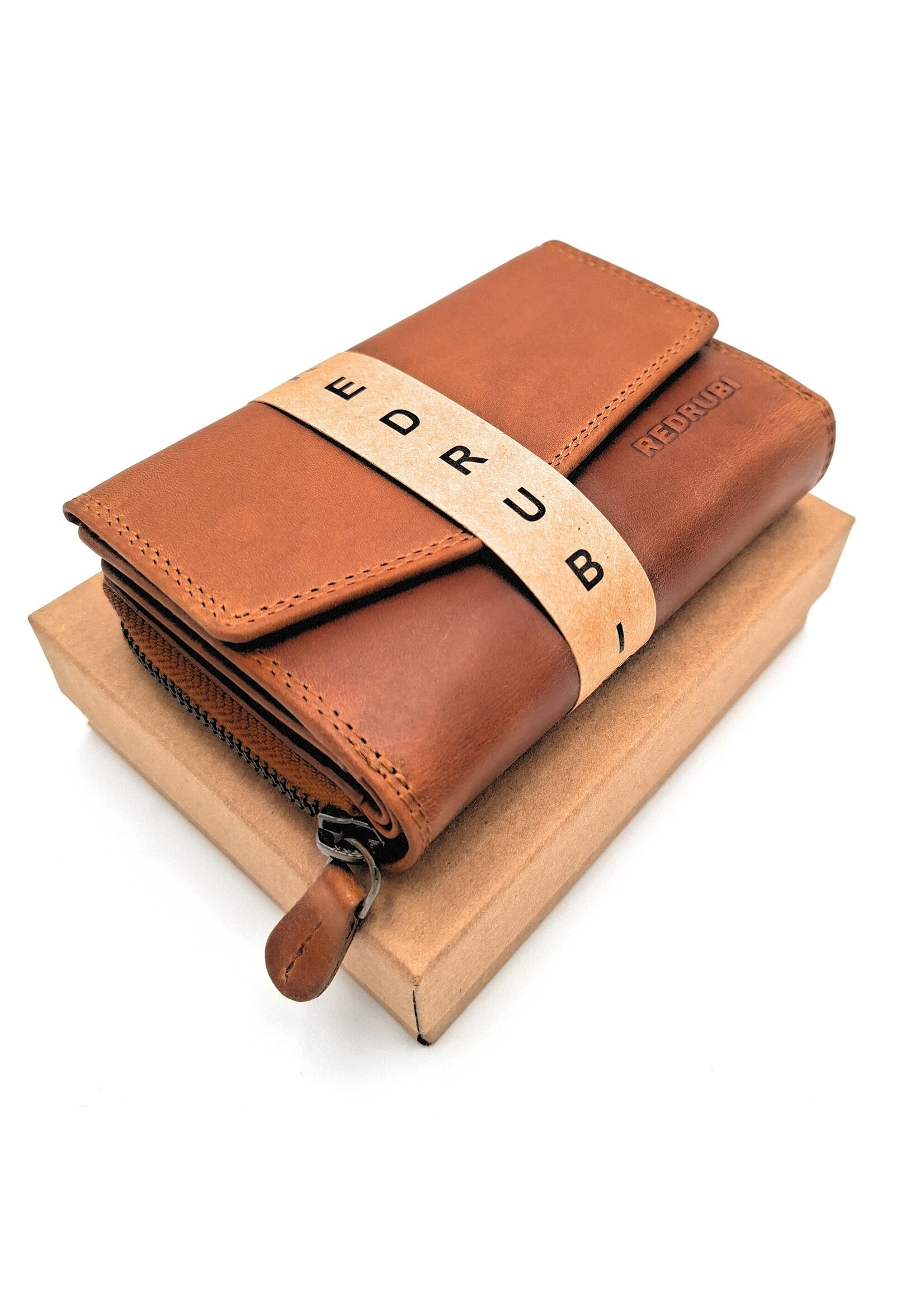 REDRUBI REDRUBI - UM/1-402 - leder- rits portemonnee -met RFID – bruin / cognac