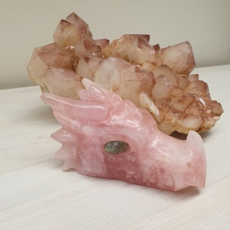 Gaia - Rose Quartz Dragon with labradorite eyes