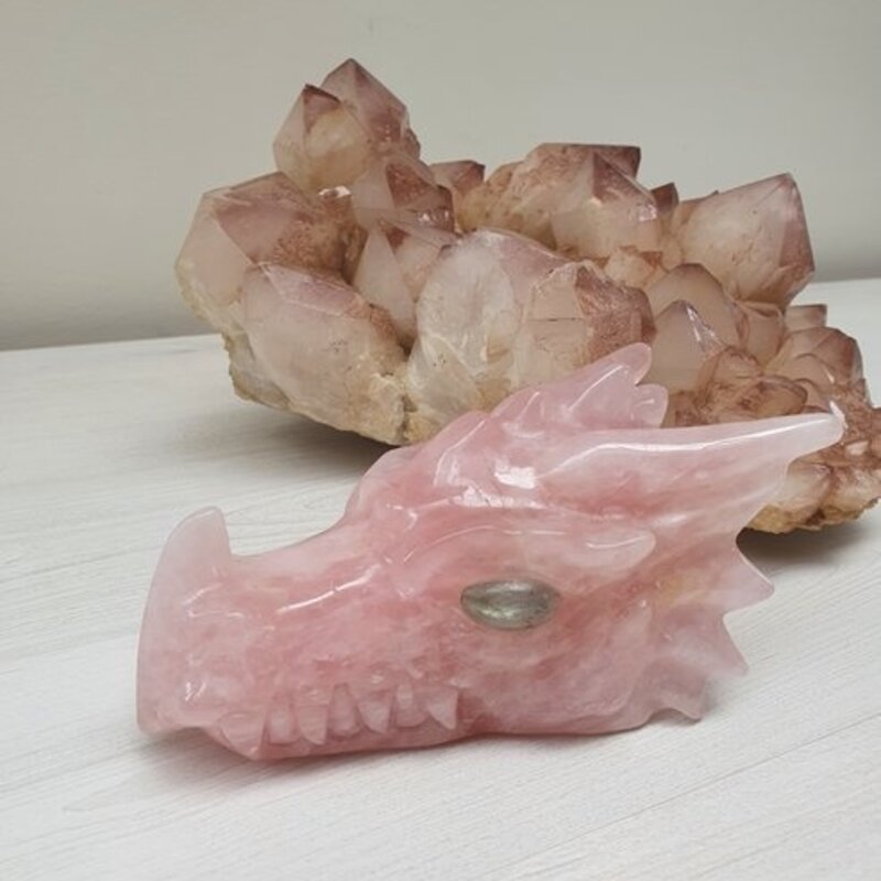 Gaia - Rose Quartz Dragon with labradorite eyes