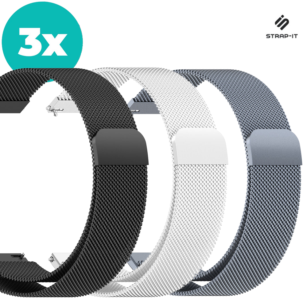 Strap-it Milanees bandje 20mm - (Set) Magneet milanese band geschikt voor Samsung Galaxy Watch 5 & Watch 5 Pro / Galaxy Watch 4 40mm & 44mm  & Watch 4 Classic 42mm & 46mm  - Zwart - Zilver - Grijs