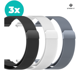 Strap-it Milanees bandje 20mm - (Set) Magneet milanese band geschikt voor Samsung Galaxy Watch 5 & Pro / Galaxy Watch 4 - Classic 40mm - 44mm - 46mm - 42mm / Galaxy Watch 1 42mm & 3 41mm / Active (2) / Garmin Venu / Amazfit Bip / GTS - Zwart - Zilver - Grijs