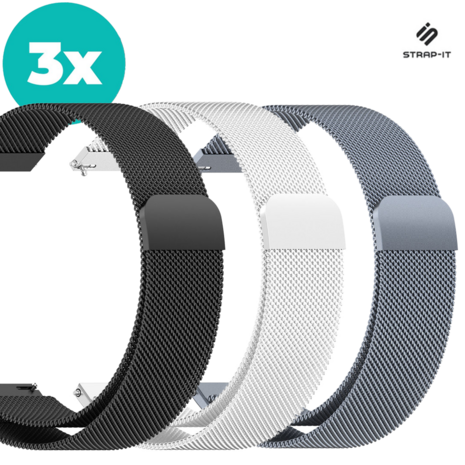 Strap-it Milanees bandje 20mm - (Set) Magneet milanese band geschikt voor Samsung Galaxy Watch 5 & Watch 5 Pro / Galaxy Watch 4 40mm & 44mm  & Watch 4 Classic 42mm & 46mm  - Zwart - Zilver - Grijs