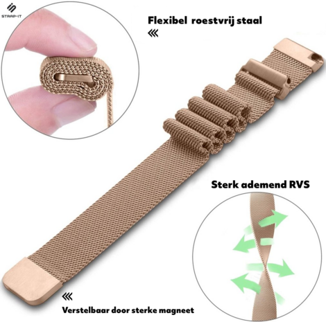 Strap-it Milanees bandje 20mm - (Set) Magneet milanese band geschikt voor Samsung Galaxy Watch 5 & Watch 5 Pro / Galaxy Watch 4 40 & 44mm -  Galaxy Watch 4 Classic 42mm & 46mm - rosé - Roze - Goud