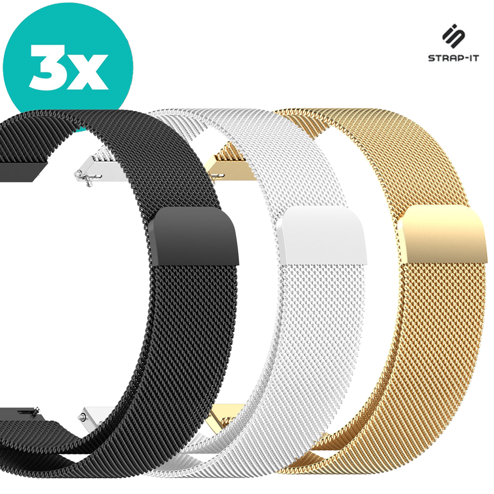 Strap-it Milanees bandje 20mm - (Set) Magneet milanese band geschikt voor Samsung Galaxy Watch 5 & Pro / Galaxy Watch 4 - Classic 40mm - 44mm - 46mm - 42mm / Galaxy Watch 1 42mm & 3 41mm / Active (2) / Garmin Venu / Amazfit Bip / GTS - Zwart - Zilver - Goud Strap-it Milanees bandje 20mm - (Set) Magneet milanese band geschikt voor Samsung Galaxy Watch 5 & Pro / Galaxy Watch 4 - Classic 40mm - 44mm - 46mm - 42mm / Galaxy Watch 1 42mm & 3 41mm / Active (2) / Garmin Venu / Amazfit Bip / GTS - Zwart - Zilver - Goud