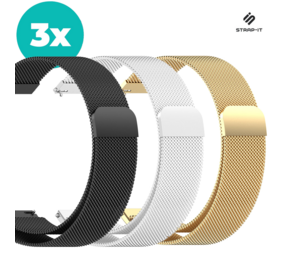 Strap-it Milanees bandje 20mm - (Set) Magneet milanese band geschikt voor Samsung Galaxy Watch 5 & Pro / Galaxy Watch 4 - Classic 40mm - 44mm - 46mm - 42mm / Galaxy Watch 1 42mm & 3 41mm / Active (2) / Garmin Venu / Amazfit Bip / GTS - Zwart - Zilver - Goud