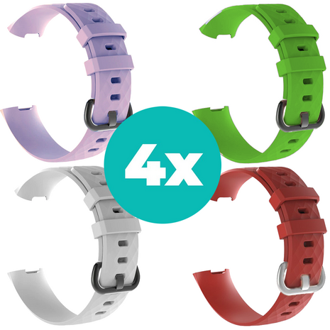 Strap-it Siliconen bandjes geschikt voor Fitbit Charge 4 bandje - Bundel van 4 bandjes - Sport bandje Geschikt voor Fitbit Charge 3 bandje - Set bandjes 4x Lila - Wit - Rood - Groen - Maat S/M (Small)
