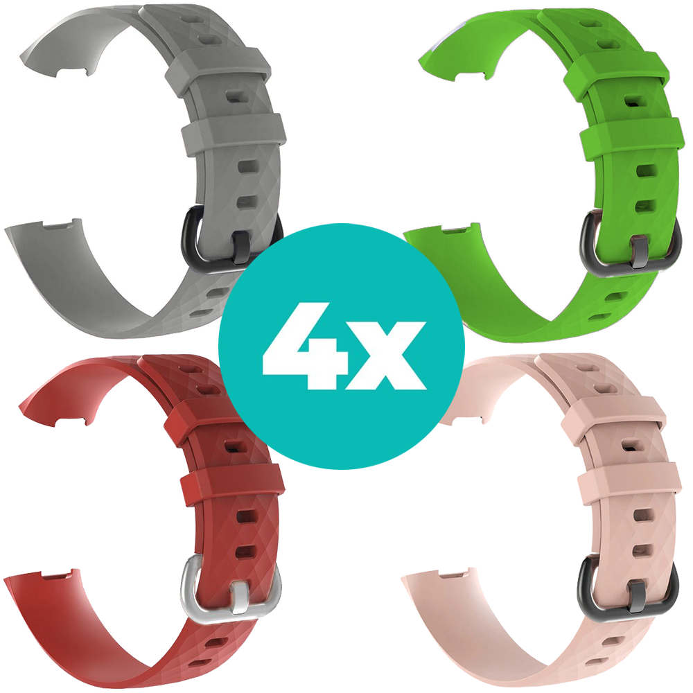 Strap-it Siliconen bandjes geschikt voor Fitbit Charge 4 bandje - Bundel van 4 bandjes - Sport bandje Geschikt voor Fitbit Charge 3 bandje - Set bandjes 4x Grijs - Rood - Lichtroze - Groen - Maat S/M (Small)