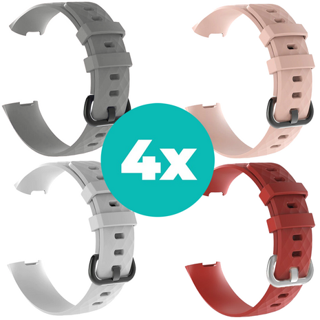 Strap-it Siliconen bandjes geschikt voor Fitbit Charge 4 bandje - Bundel van 4 bandjes - Sport bandje Geschikt voor Fitbit Charge 3 bandje - Set bandjes 4x Grijs - Wit - Rood - Lichtroze - Maat S/M (Small)