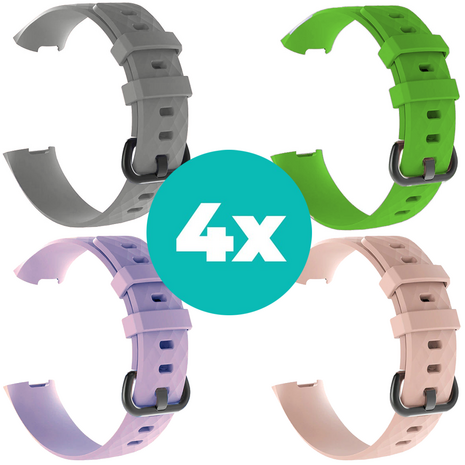 Strap-it Siliconen bandjes geschikt voor Fitbit Charge 4 bandje - Bundel van 4 bandjes - Sport bandje Geschikt voor Fitbit Charge 3 bandje - Set bandjes 4x Grijs - Lila - Lichtroze - Groen - Maat S/M (Small)