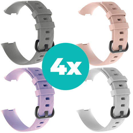 Strap-it Siliconen bandjes geschikt voor Fitbit Charge 4 bandje - Bundel van 4 bandjes - Sport bandje Geschikt voor Fitbit Charge 3 bandje - Set bandjes 4x Grijs - Lila - Wit - Lichtroze - Maat S/M (Small)